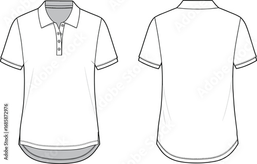 Men’s polo shirt design, front and back views, short sleeves, button placket, collar detail, casual wear, vector illustration