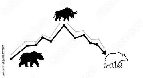 Bull and bear market trends with graph curve depiction in minimalist style
