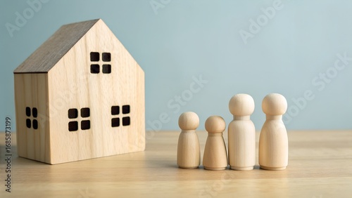 Wooden family figures and miniature house representing homeownership and family life