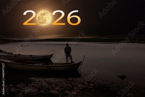  Man watching the bear from the boat by the lake. full moon at top of sky and number 2026 abstract background.