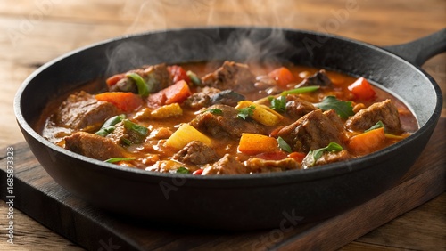 Hearty beef stew simmering in a cast iron skillet on a wooden surface