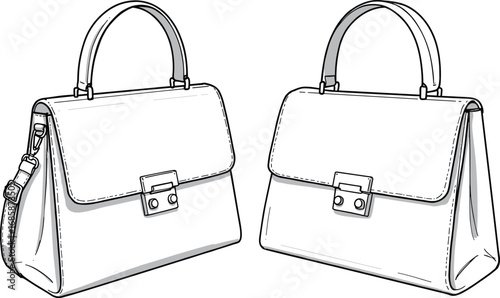 Women’s leather handbag front and side view, fashion purse design, shoulder strap bag, elegant classic accessory, stylish purse mockup