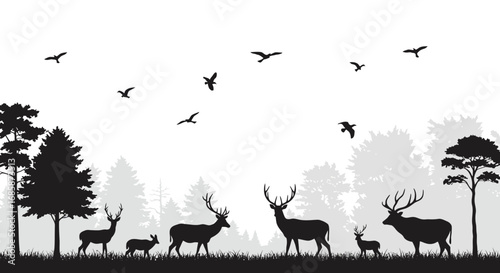 Majestic forest scene with silhouette of deer and birds in peaceful landscape