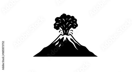 Silhouette of volcanic eruption with ash cloud in black and white