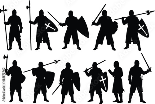 Medieval warrior silhouette with sword and shield, historic soldier in battle pose, crusader knight holding weapons, black combat figure
