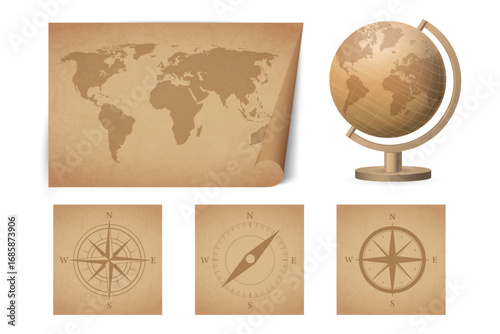Retro world map on papyrus, compass sign set and globus. Antique vintage elements of cartography. Vector illustration