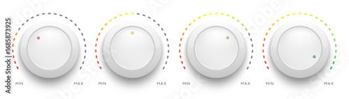 White round switch button with level meter scale. Volume knob. Dashboard tumbler with colored control scale. Realistic tuner with indicator. Vector illustration