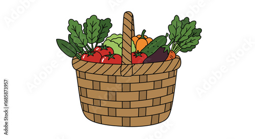 Woven basket of fresh vegetables with leafy greens and colorful produce