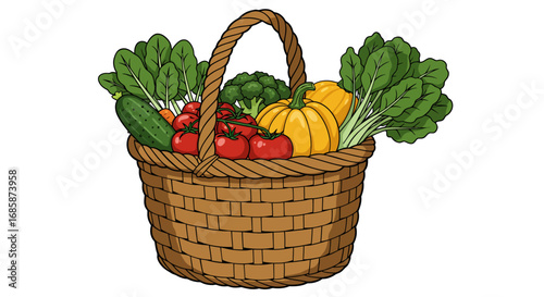 Colorful basket of fresh vegetables on white background