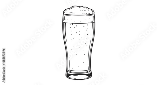 Detailed linear drawing of a full pint glass of draft beer with frothy head