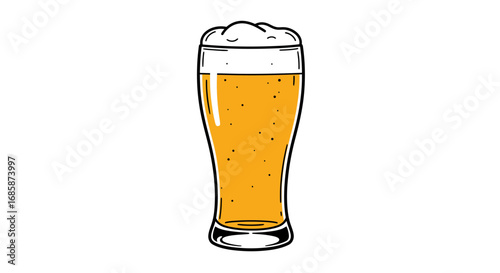 Refreshing brew in pint glass with foamy top in bold outline on white background