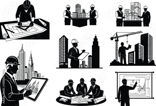 Architects, construction planning, blueprint drawing, building models, city skyscrapers, construction site, project management, 