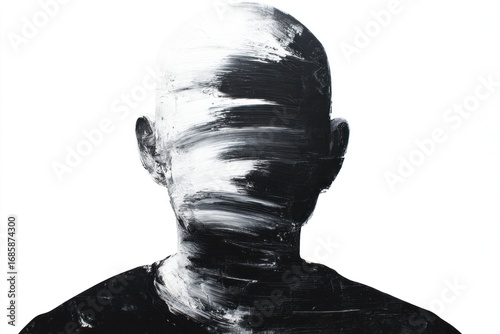 This artwork features a faceless man rendered with bold, black and white strokes, suggesting a sense of suffocation and anonymity
