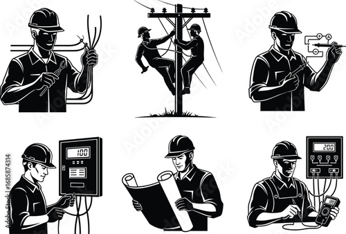 Electrician working, electrical wiring, power line technicians, electrical repair, safety helmet, electric meter, blueprint reading, circuit testing, electrical maintenance,