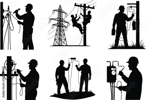 Electricians working, power line repair, electrical maintenance, silhouette, safety helmets, electrical wiring, utility poles, 