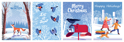 Winter holiday, Merry Christmas and Happy New Year greeting card collection. Set of cute posters with kids and dog, fox in forest, bullfinches and snowflakes. Handmade drawing vector illustration.