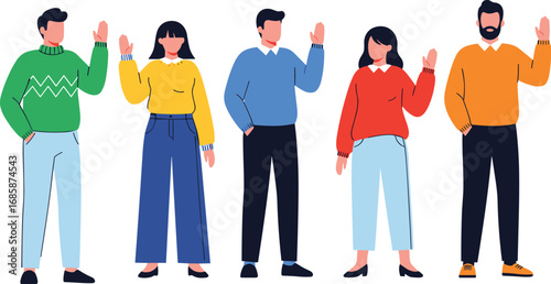 Group of diverse people waving, casual clothing, friendly gesture, multicultural team, welcoming sign, community, teamwork, social interaction, flat illustration style