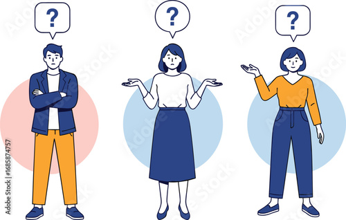 Confused people, question mark icons, decision making, uncertainty expression, thinking characters, problem solving, doubt concept, choice dilemma, business confusion, indecisiveness