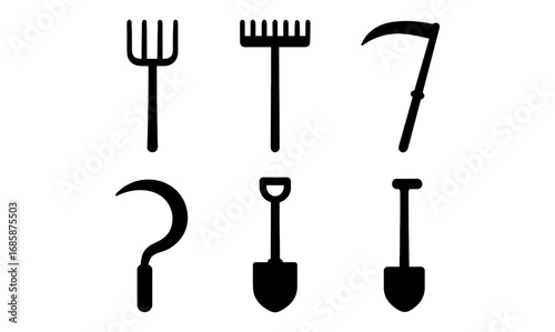 Silhouette farming tools set featuring rake, hoe, shovel, pitchfork, and sickle on white background