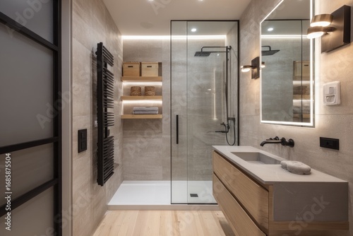 Small modern bathroom showcases porcelain flooring, a glass shower enclosure, and stylish wooden cabinetry for efficient space use
