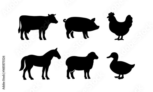 Farm animal silhouettes: cow, pig, chicken, horse, sheep, duck