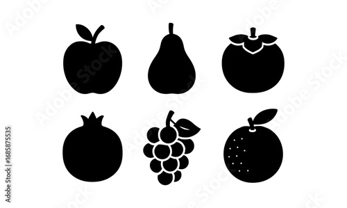 Fruit silhouettes: apple, pear, persimmon, pomegranate, grapes, orange