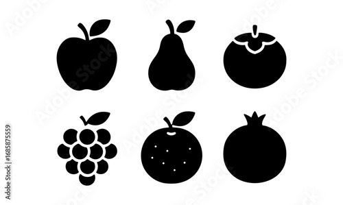 Silhouette fruit icons: apple, pear, orange, and more in simple black design