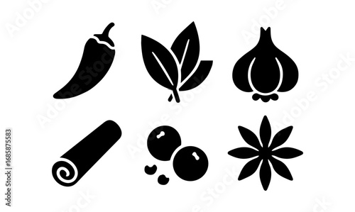 Silhouette spice icons: chili, bay leaf, garlic, cinnamon, berries, star anise
