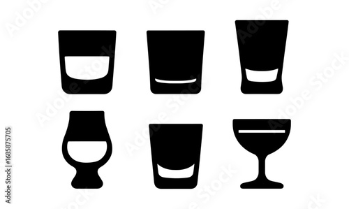 Collection of six black drink glass silhouettes on white background