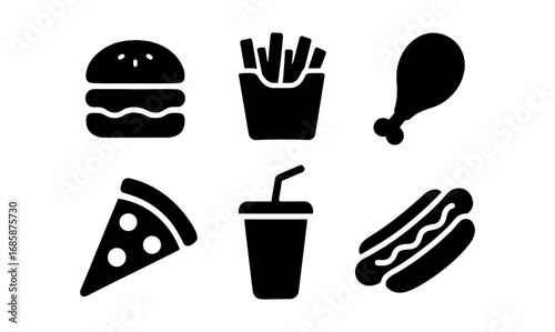 Silhouette icons of popular fast food: burger, fries, pizza, and more