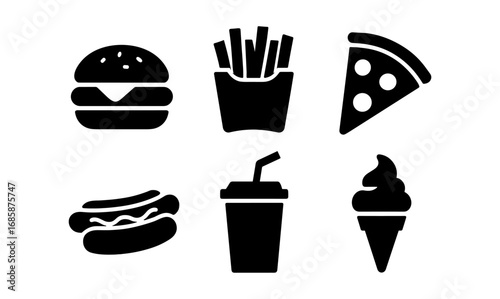 Set of fast food icon silhouettes: burger, fries, pizza, hot dog, drink, ice cream