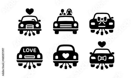 Wedding cars with just married decorations in silhouette style