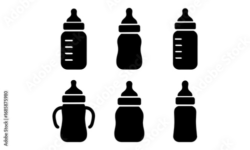 Set of baby bottle silhouettes in various designs