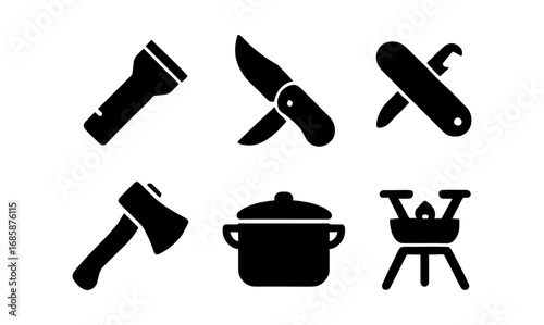 Outdoor adventure essentials: knife, axe, grill, pot, flashlight silhouette icons