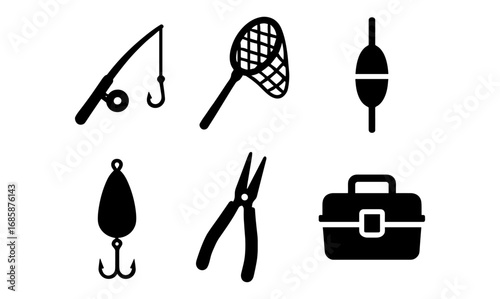 Silhouette fishing gear icons: rod, hooks, net, bobber, lure, pliers, tackle box