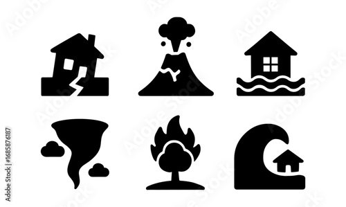 Natural disaster icons: earthquake, volcano, flood, tornado, wildfire, tsunami