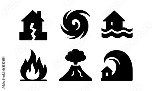 Natural disaster icons: earthquake, hurricane, flood, fire, volcano, tsunami silhouettes