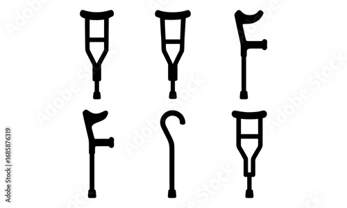 Silhouette of various mobility aids: crutches and cane set