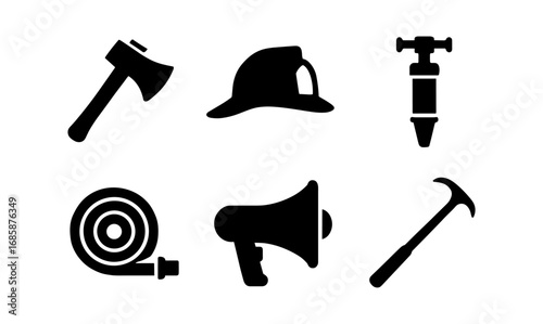 Silhouette icons of essential firefighting tools and equipment
