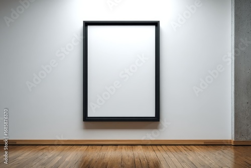 Empty black picture frame on white gallery wall with wooden floor background.