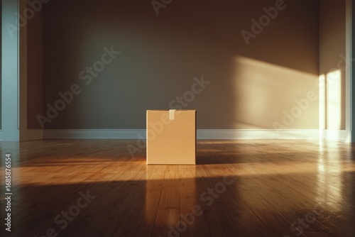 Cardboard box in sunlight on wooden floor of an empty room interior scene.