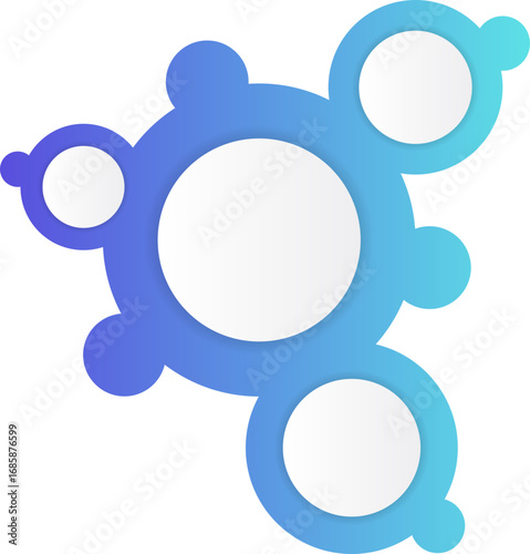 Central hub structure with a large circular center connected to multiple smaller circles by extended radial lines in gradient tones.