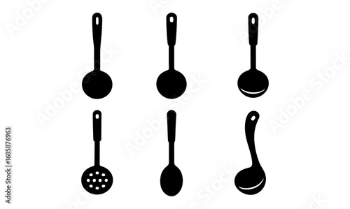 Set of kitchen utensil silhouettes: spoons and ladles for culinary design