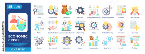 Economic Crisis icon set in flat style, featuring Innovation, Checklist, Integration, Sustainability, Trends, Training, and Services.