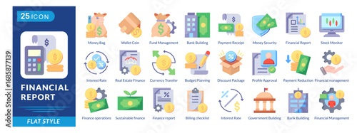 Financial Report icon set in flat style, featuring Money Bag, Wallet Coin, Fund Management, Receipts, Security, and Stock Monitoring.