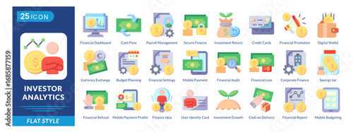 Investor Analysis icon set in flat style, featuring Budget Planning, Cash Flow, Credit Cards, Secure Finance, Savings Jar, and Audits.