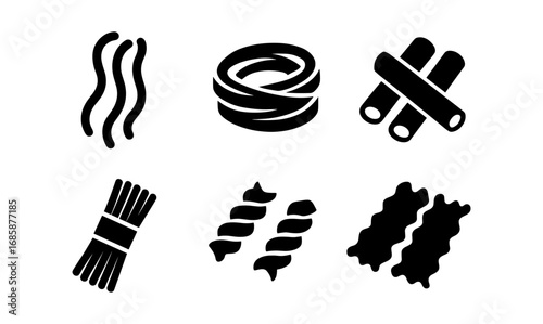 Set of black silhouette pasta shapes on a white background