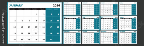 Printable 2026 monthly calendar monday start