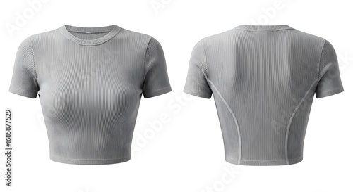 Front and back view of a grey, short-sleeved, fitted crop top on a white background.