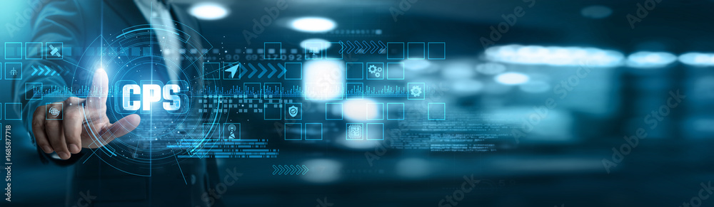 Fototapeta premium Businessman touching CPS networking and sensor integration, real-time monitoring, system automation, predictive maintenance, IoT connectivity, data synchronization, operational efficiency.